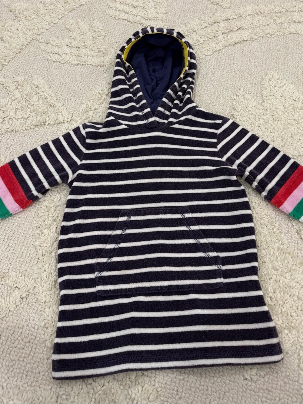 Mini Boden Navy & White Striped Hooded Kids Tunic with Colorblock Sleeves